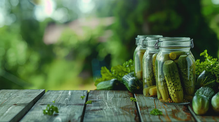 Seasonal homemade products. Canned cucumbers in a jar on a wooden table. Preserved with care, these pickled cucumbers offer a delightful tang that will tantalize your taste buds.の素材