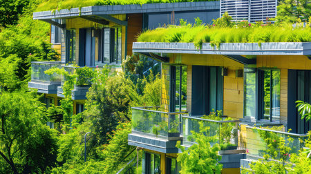 Eco-friendly house with green rooftop. A stunning eco-house with a vibrant green rooftop, blending seamlessly with nature.の素材