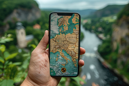 Close-up view of a hiker using smartphones GPS app in mountain travel. In the midst of natures grandeur, the hiker is guided by the GPS app.の素材