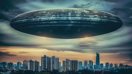 Alien invasion. Huge alien spaceship hovered over a densely populated city. The citys streets are bathed in an otherworldly glow as the alien spaceship hovers above, an unforgettable sight.の素材