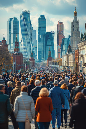 A blurred crowd of business people in the streets of the business district of the city against the backdrop of skyscrapers. Fast-paced streets, aspirations blur.の素材