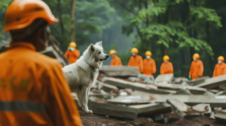 Rescuers with a dog work on the ruins of buildings after an earthquake or bombing. Search and rescue work. Amidst the chaos, a determined dog assists rescuers in their noble mission.の素材