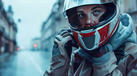 Close-up photo of a biker woman in a helmet. Unforgettable adventures: The biker womans helmet holds the memories of countless thrilling adventures and unforgettable experiences.の素材