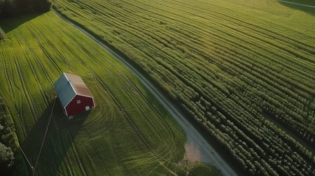 Aerial view rural development. A captivating aerial shot showcasing the resilience of a rural house.の素材