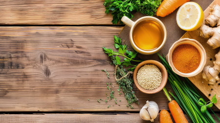 Top view of a healthy food vegan set. Vibrant and nourishing: A captivating top view of a vegan meal, featuring a colorful mix of fresh produce and plant-based proteins.の素材