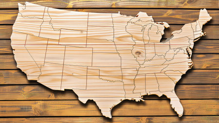 Wooden US map. Captivating wooden US map, showcasing the nations diverse topography and state borders. A perfect blend of artistry and geography!の素材