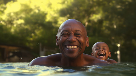 Portrait of a happy father with her son having fun in pool. Dad and boy swims in the pool after going down the water slide in summerの素材