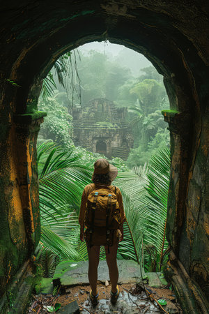 Tourists explore ancient ruins. Amongst the ruins, the tourists find a sense of peace and tranquility. Vertical photo.の素材