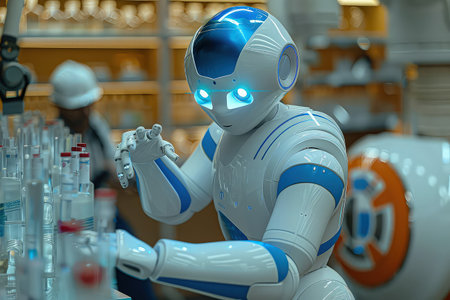 A laboratory for the creation of humanoid android robots to help humans. Silicon minds learn, algorithms evolve, future takes flight.の素材