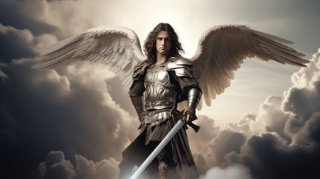 Archangel Michael with wings in knight armor with sword rises in sky. Saint Michael Archangel with long hair protects calm and good from evil impure forces by standing in battle readiness in skyの素材