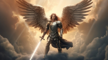 Archangel Michael with wings in knight armor with sword rises in sky. Saint Michael Archangel with long hair protects calm and good from evil impure forces by standing in battle readiness in skyの素材