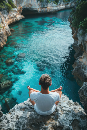 Meditation on the edge. Photo of a meditating human on the edge of a high cliff. Solitude embraced, as the meditator finds peace on the precipice.の素材