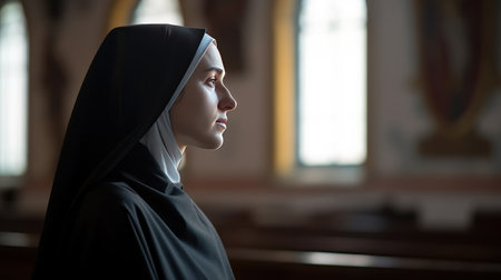 Faithful young Catholic nun praying in catholic church. Close-up photo.の素材