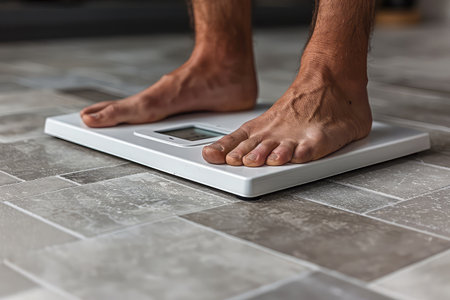 Male feet on the digital weight scales. Capturing the determination to reach weight goals.の素材