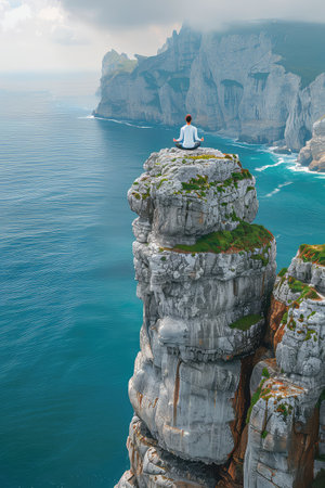 Meditation on the edge. Photo of a meditating human on the edge of a high cliff. Witnessing the beauty of existence, the meditator rests on the edge of revelation.の素材