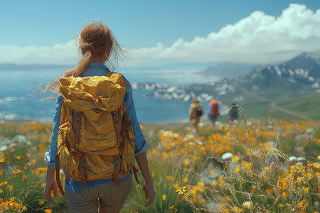 A group friends hiking with large backpacks to along mountain path through. A group of friends hikes...