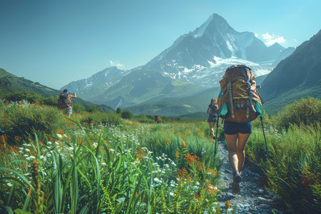 A group friends hiking with large backpacks to along mountain path through. Friends trek through the mountains, carrying large backpacks, ready for a day of exploration and fun.の写真素材
