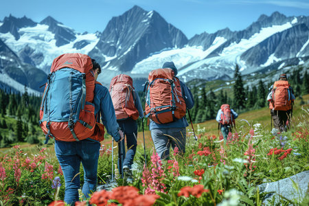A group friends hiking with large backpacks to along mountain path through. The hiking group navigates a winding mountain path, excited for the adventure that awaits them ahead.の写真素材