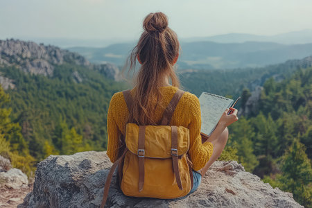 Woman on a hike with notepad. A female forester observes nature and keeps notes. The woman hikes through the forest, pen in hand, documenting her thoughts on the vibrant nature around her.の写真素材