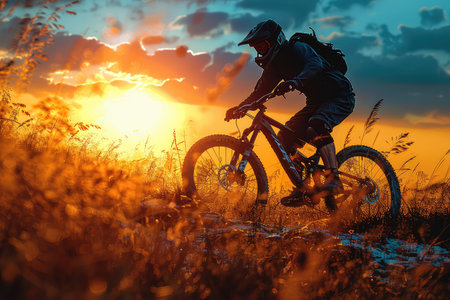Mountain Biking Adventure. A cyclist on a mountain bike against the backdrop of an autumn mountain landscape. Cyclist on a mountain bike against a stunning autumn view.の写真素材