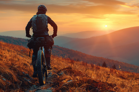 Mountain Biking Adventure. A cyclist on a mountain bike against the backdrop of an autumn mountain...
