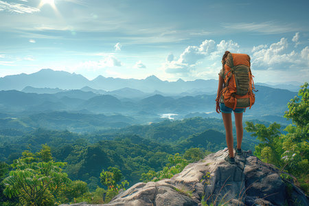Hiking with large backpack to along mountain path through. A breathtaking view unfolds as the lonely...