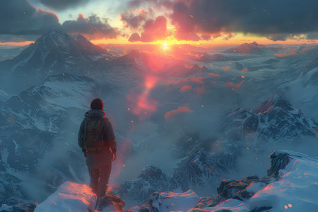 Lonely hiking with large backpack to along mountain path through. The lonely hiker navigates the rugged terrain, their large backpack symbolizing the weight of adventure on this serene mountain trail.の写真素材