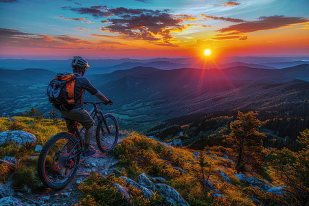 Mountain Biking Adventure. A cyclist on a mountain bike against the backdrop of an autumn mountain landscape. A cyclist embraces the thrill of biking in autumn beauty.の写真素材