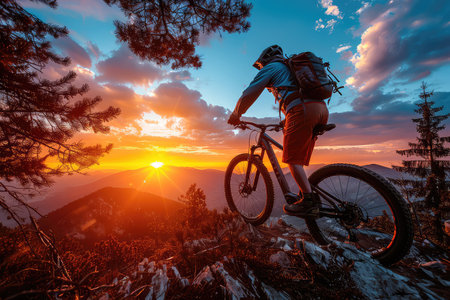 Mountain Biking Adventure. A cyclist on a mountain bike against the backdrop of an autumn mountain landscape. Mountain biking adventure surrounded by stunning fall hues.の写真素材