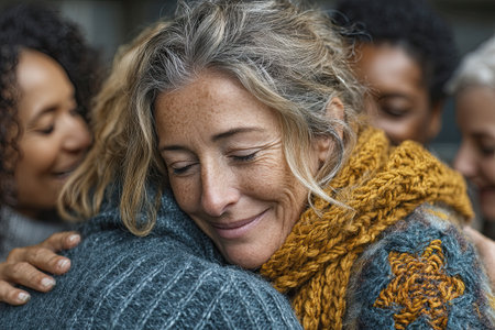 Group therapy and support - women hug, supporting each other during psychological practice. Participants find solace in each other through warm hugs.の素材