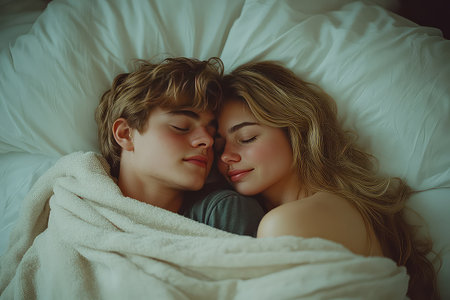 Close up of a young loving heterosexual couple sweet sleeping embracing each other. Captured in a loving embrace, the couple sleeps soundly, radiating warmth and affection for one another.の素材