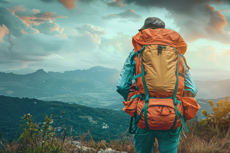 Lonely hiking with large backpack to along mountain path through. A breathtaking mountain vista greets the lonely hiker, who carries their large backpack with pride along the challenging path.の写真素材