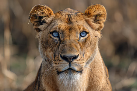 Close-up photo of a blue eyed lioness. The wild elegance of this blue-eyed lioness is captured perfectly, her gaze reflecting the beauty of the savanna.の素材