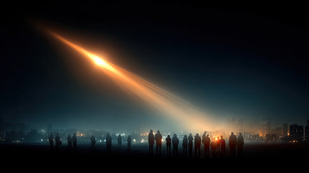 A beam from a UFO snatches a group of people. Silhouette of several people looking at a UFO....