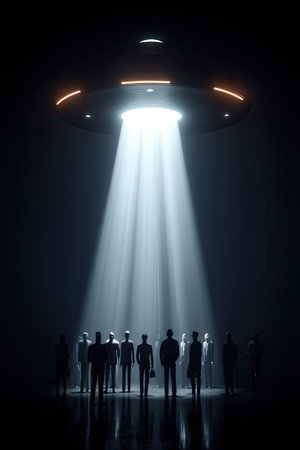 A beam from a UFO snatches a group of people. Silhouette of several people looking at a UFO. A beam from the UFO envelops the group, igniting their curiosity about the unknown.の写真素材