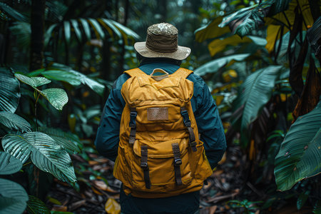 An old Caucasian man with backpack during a hike in a forest. Surrounded by towering trees, the old man takes a break on his hike, appreciating the beauty of the natural world.の素材