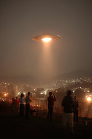 A beam from a UFO shines on a group of people. Silhouette of several people looking at a UFO. A bright beam from the UFO illuminates silhouettes of people, awed by the sight above.の写真素材