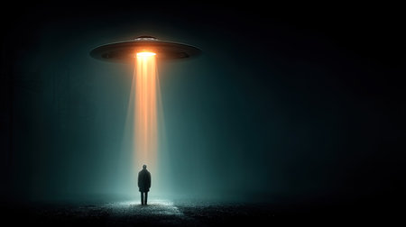 A beam from a UFO snatches a group of people. Silhouette of several people looking at a UFO. A mysterious light envelops the group, leading to an awe-inspiring moment of contact.の写真素材