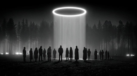 A beam from a UFO snatches a group of people. Silhouette of several people looking at a UFO. A bright beam of light from the UFO captures the silhouettes of astonished onlookers.の写真素材