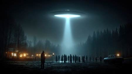 A beam from a UFO snatches a group of people. Silhouette of several people looking at a UFO. The extraterrestrial light shines down, captivating the attention of the curious group.の写真素材