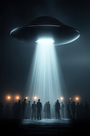 A beam from a UFO snatches a group of people. Silhouette of several people looking at a UFO. A dazzling light from the UFO surrounds the group, igniting curiosity and excitement.の写真素材