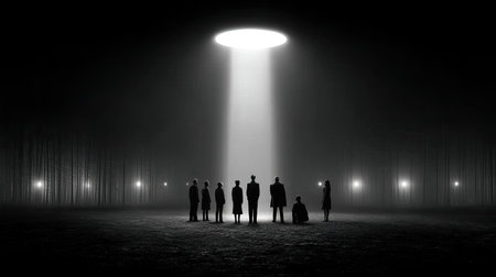 A beam from a UFO snatches a group of people. Silhouette of several people looking at a UFO. A...