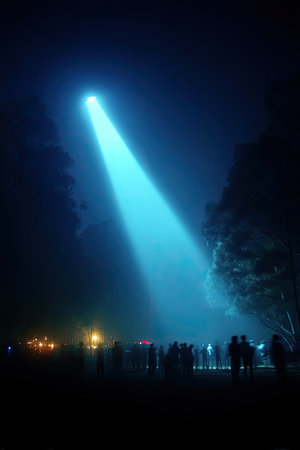 A beam from a UFO snatches a group of people. Silhouette of several people looking at a UFO. People stand transfixed as the beam from the UFO illuminates their awe-filled silhouettes.の写真素材