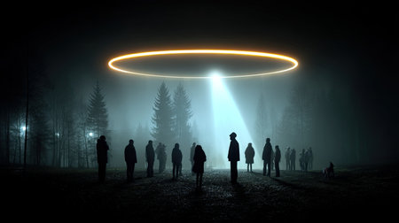 A beam from a UFO snatches a group of people. Silhouette of several people looking at a UFO. Silhouetted against a bright light, the group stands transfixed by the UFO above.の写真素材