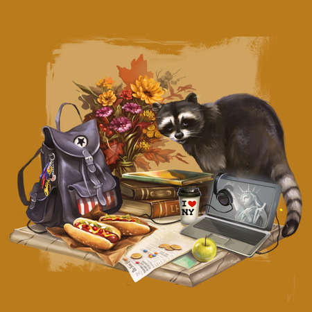 illustration of raccoon going campingの写真素材