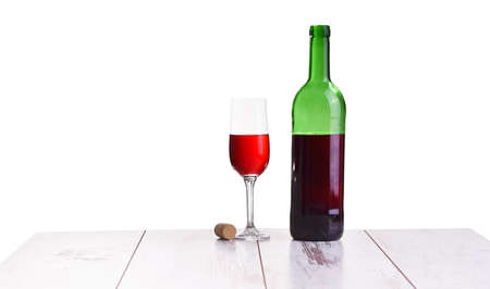 glass with red wine bottle on white background, elegant and expensive red glass and bottle wineの写真素材
