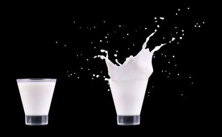 White fresh milk splash in glass on black backgroundの写真素材