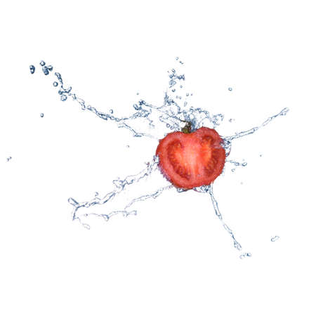 Tomato in spray of water. Juicy tomato with splash on white backgroundの写真素材