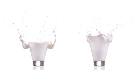 Glass with milk splash isolated on whiteの写真素材