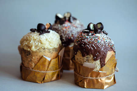 Easter bread and eggs with apple blossomの写真素材